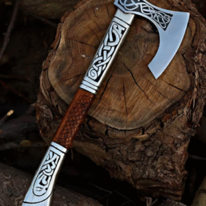 Hand Forged High Carbon Steel Viking Axe, Engraved Wooden Handle