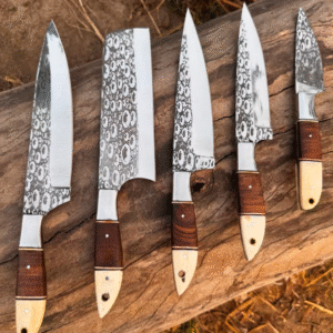 Hand Forged Damascus Kitchen Knife Set | Bone & Rosewood Handles