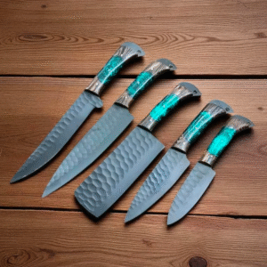 Handmade Damascus Steel Chef Knife Set: Forged Kitchen Knives with Leather Roll