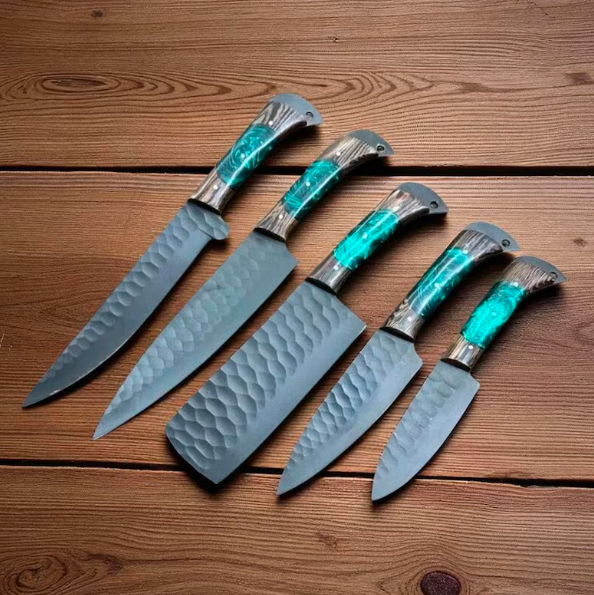 Handmade Damascus Steel Chef Knife Set: Forged Kitchen Knives with Leather Roll