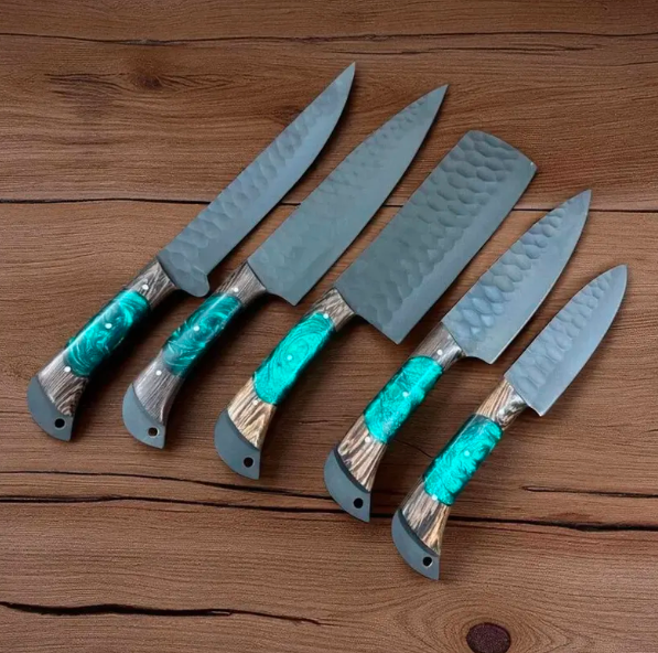 Handmade Damascus Steel Chef Knife Set: Forged Kitchen Knives with Leather Roll - Image 2