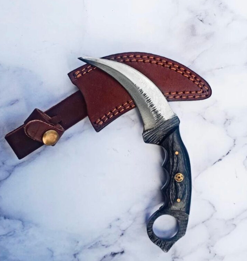 Handmade Carbon Steel Tactical Karambit Knife - Diamond Wood Handle - Image 3