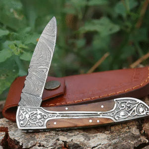 Handmade Damascus pocket knife Olive wood handle birthday gift folding knife Groomsmen anniversary wedding gift for dad friendship gift