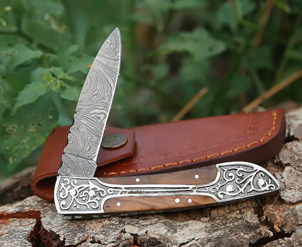 Handmade Damascus pocket knife Olive wood handle birthday gift folding knife Groomsmen anniversary wedding gift for dad friendship gift