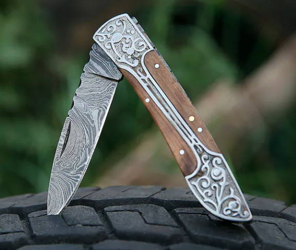 Handmade Damascus pocket knife Olive wood handle birthday gift folding knife Groomsmen anniversary wedding gift for dad friendship gift - Image 3