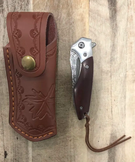 Outdoor Camping Damascus Folding Pocket Knife With Sheath - Image 2