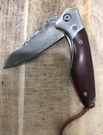 Outdoor Camping Damascus Folding Pocket Knife With Sheath - Image 3