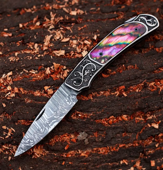 Handmade Damascus Steel Folding Knife: Ebony Handle, Leather Sheath - Image 2