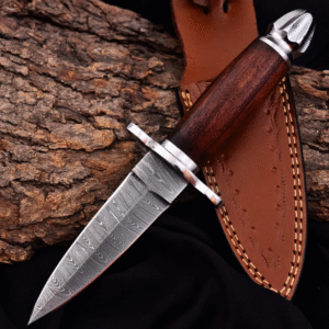 Hand Forged Damascus Steel Dagger Hunting Knife - Leather Stacked Handle