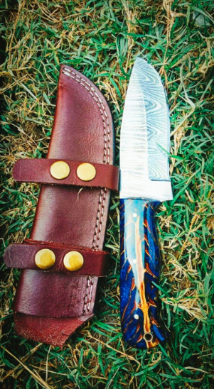 Fixed Blade Blue Skinning Knife: Full Tang Damascus Skinner Knife, Chefs Gift - Image 2